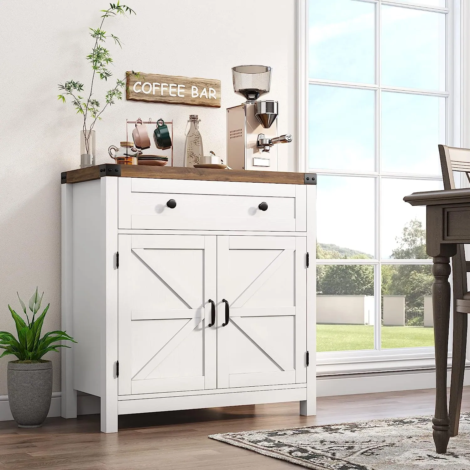 A HOSTACK coffee bar cabinet beside a window