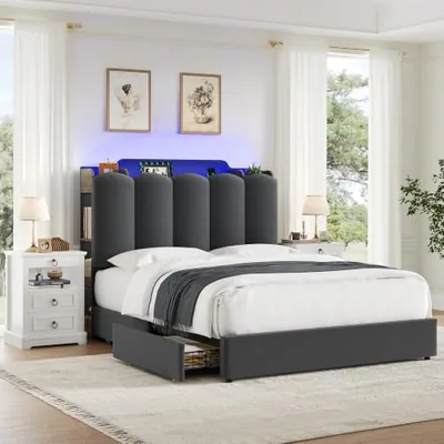 Full Upholstered Platform Bed, Grey