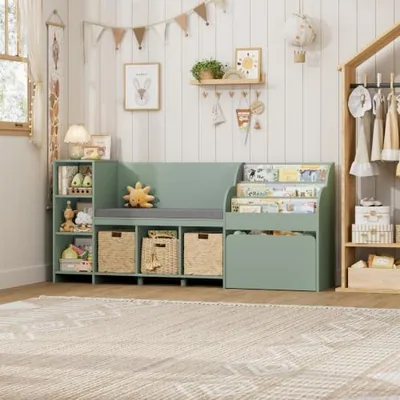 67″ Kids Reading Nook with Bookshelf, Green in a room