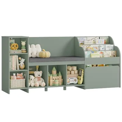67″ Kids Reading Nook with Bookshelf, Green