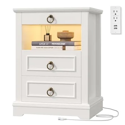LED Nightstand with Charging Station, White