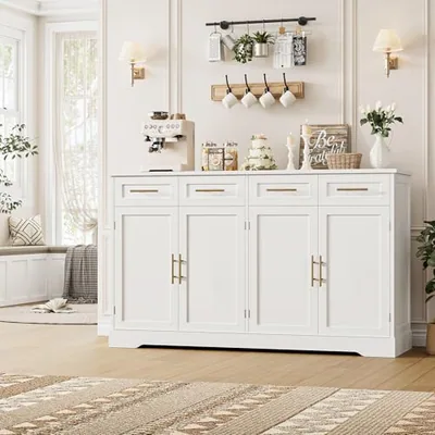 60″ Sideboard Buffet Cabinet, White, photographed in a room.