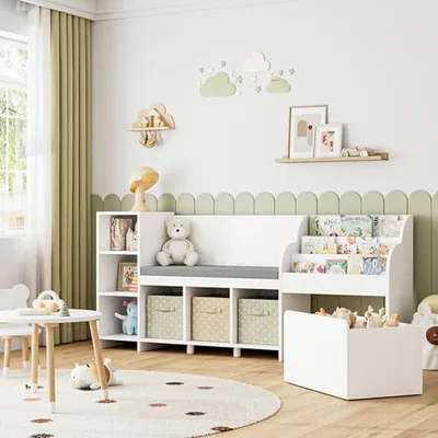 67″ Kids Reading Nook with Bookshelf, White
