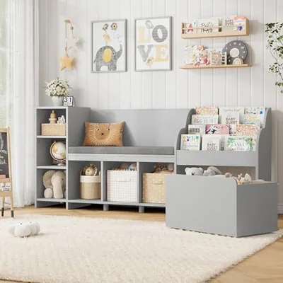 67″ Kids Reading Nook with Bookshelf, Grey