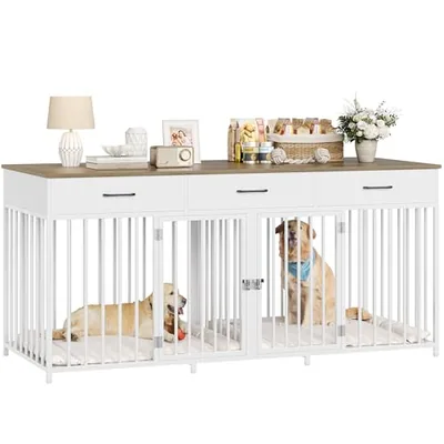 71″ Double Dog Crate Cabinet, White