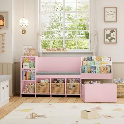 67″ Kids Reading Nook with Bookshelf, Pink