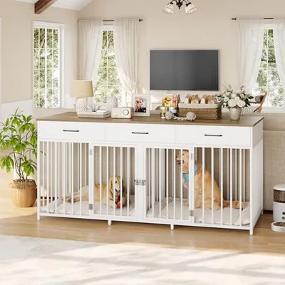 71″ Double Dog Crate Cabinet, White in a room