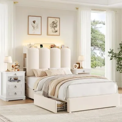 Twin Upholstered Platform Bed, Beige